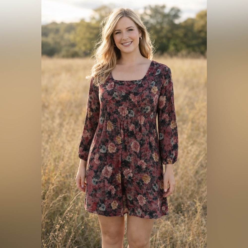 Peruvianan Connection Red Black Floral Lace Up Babydoll Dress Long Sleeve Small